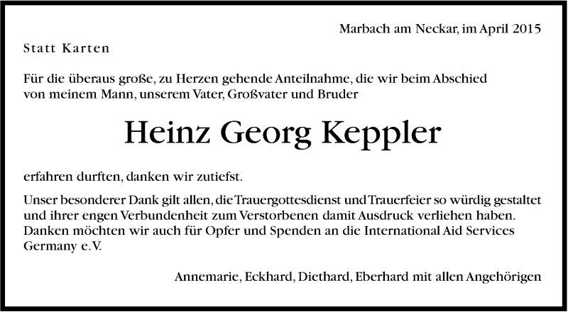  Traueranzeige für Heinz Georg Keppler vom 21.04.2015 aus Marbacher Zeitung