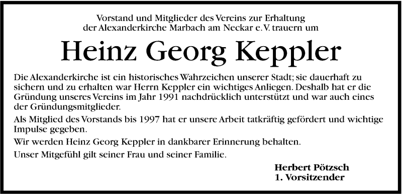  Traueranzeige für Heinz Georg Keppler vom 04.04.2015 aus Marbacher Zeitung