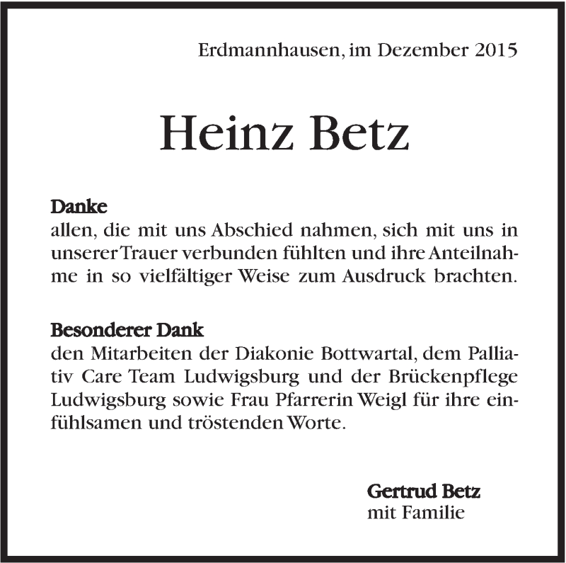  Traueranzeige für Heinz Betz  vom 01.12.2015 aus Marbacher Zeitung
