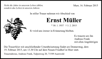 Traueranzeige von Ernst Müller von Marbacher Zeitung