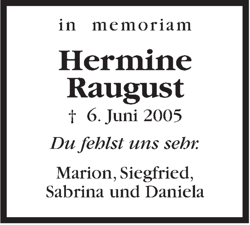  Traueranzeige für Hermine Raugust vom 06.06.2015 aus Marbacher Zeitung