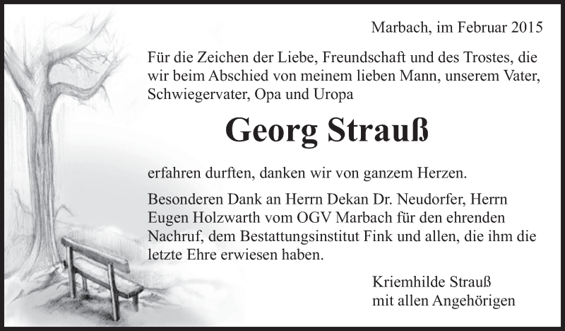  Traueranzeige für Georg Strauß vom 21.02.2015 aus Marbacher Zeitung