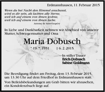Traueranzeige von Maria Dobusch von Marbacher Zeitung