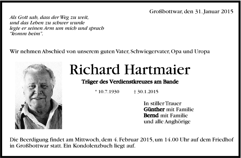  Traueranzeige für Richard Hartmaier vom 03.02.2015 aus Marbacher Zeitung