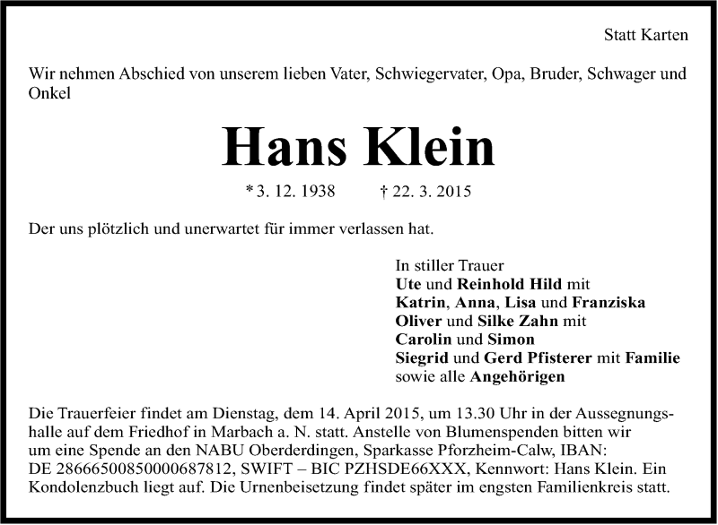  Traueranzeige für Hans Klein vom 11.04.2015 aus Marbacher Zeitung