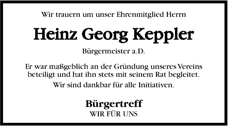  Traueranzeige für Heinz Georg Keppler vom 08.04.2015 aus Marbacher Zeitung