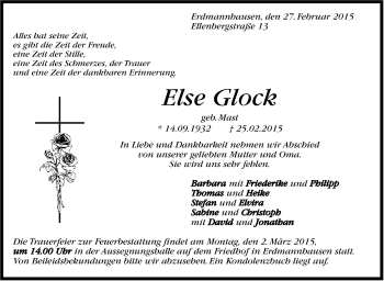 Traueranzeige von Else Glock von Marbacher Zeitung