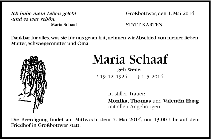  Traueranzeige für Maria Schaaf vom 05.05.2014 aus Marbacher Zeitung