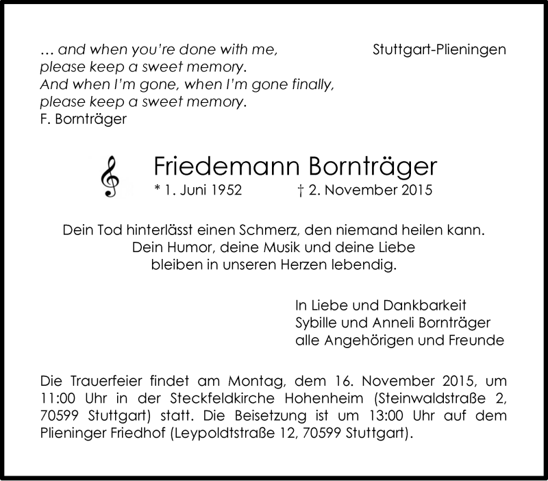  Traueranzeige für Friedemann Bornträger vom 13.11.2015 aus Marbacher Zeitung