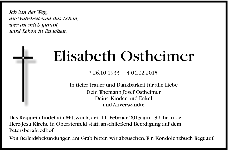  Traueranzeige für Elisabeth Ostheimer vom 07.02.2015 aus Marbacher Zeitung