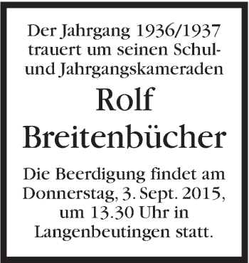 Traueranzeige von Rolf Breitenbücher von Marbacher Zeitung