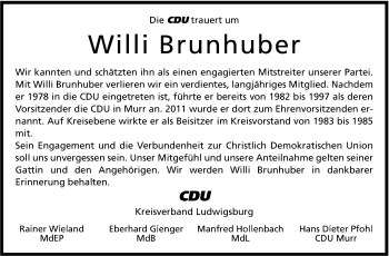 Traueranzeige von Willi Brunhuber von Marbacher Zeitung