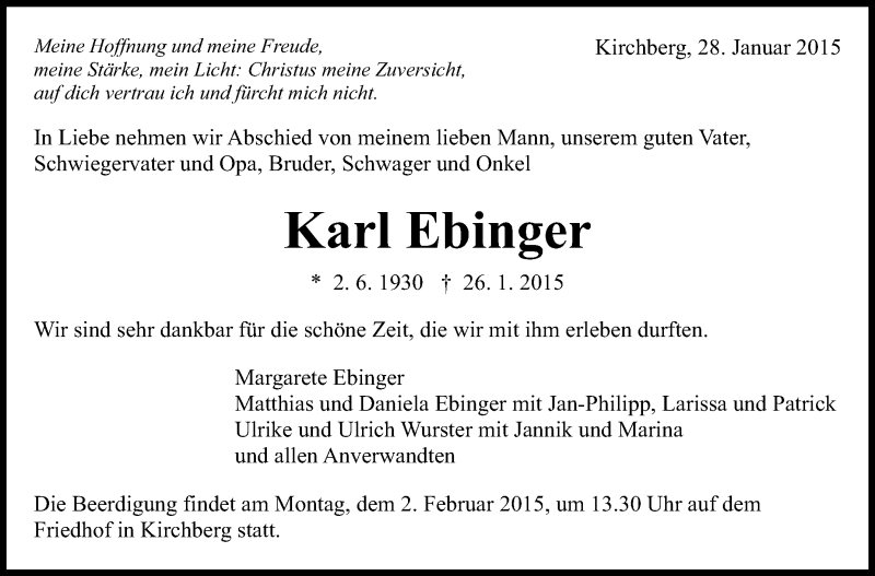  Traueranzeige für Karl Ebinger vom 28.01.2015 aus Marbacher Zeitung