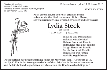 Traueranzeige von Lydia Steck von Marbacher Zeitung