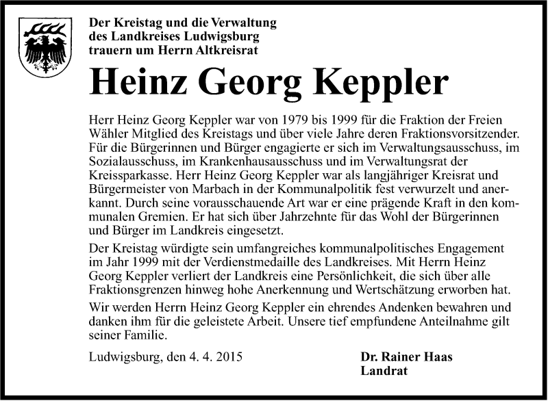  Traueranzeige für Heinz Georg Keppler vom 04.04.2015 aus Marbacher Zeitung