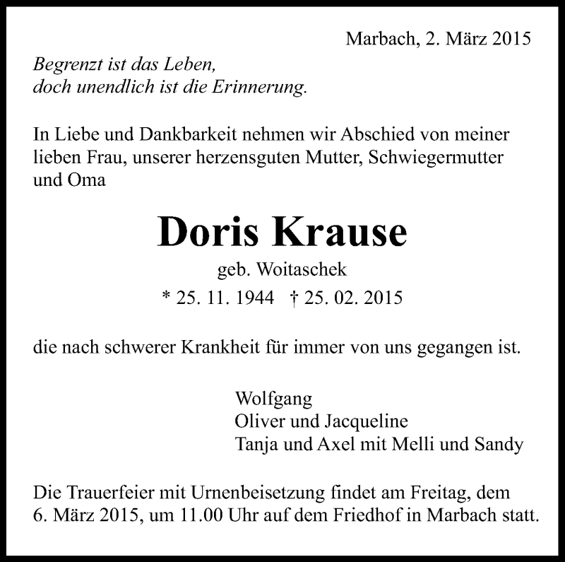 Traueranzeige für  Doris Krause vom 02.03.2015 aus Marbacher Zeitung