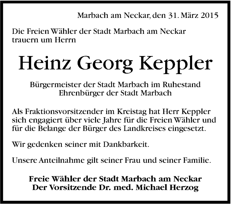  Traueranzeige für Heinz Georg Keppler vom 04.04.2015 aus Marbacher Zeitung