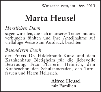 Traueranzeige von Marta Heusel von Marbacher Zeitung