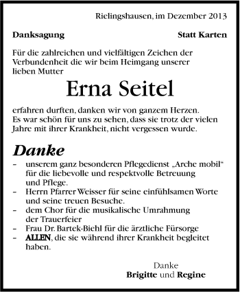 Traueranzeige von Erna Seitel von Marbacher Zeitung