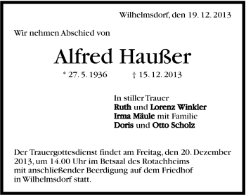 Traueranzeige von Alfred Haußer von Marbacher Zeitung
