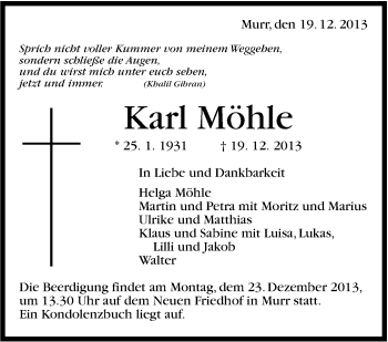 Traueranzeige von Karl Möhle von Marbacher Zeitung