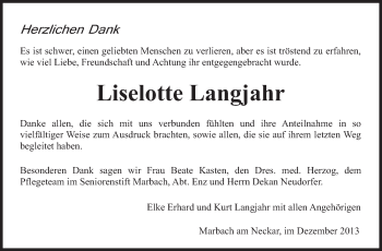 Traueranzeige von Liselotte Langjahr von Marbacher Zeitung