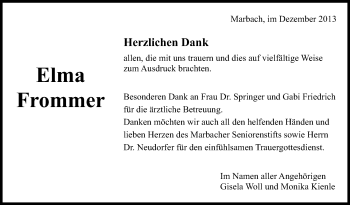 Traueranzeige von Elma Frommer von Marbacher Zeitung