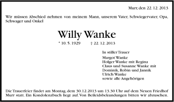 Traueranzeige von Willy Wanke von Marbacher Zeitung
