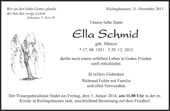 Traueranzeige von Ella Schmid von Marbacher Zeitung