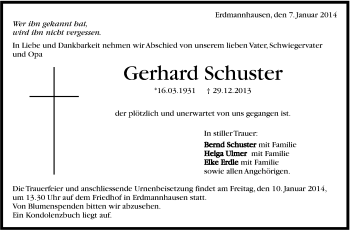 Traueranzeige von Gerhard Schuster von Marbacher Zeitung