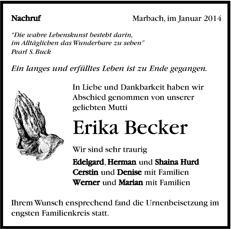  Traueranzeige für Erika Becker vom 11.01.2014 aus Marbacher Zeitung