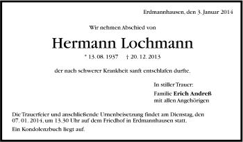 Traueranzeige von Hermann Lochmann von Marbacher Zeitung