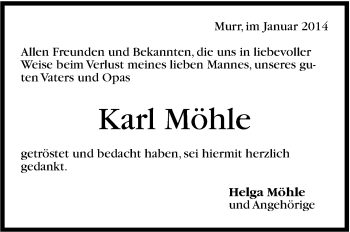 Traueranzeige von Karl Möhle von Marbacher Zeitung
