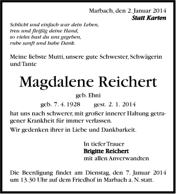 Traueranzeige von Magdalena Reichert von Marbacher Zeitung
