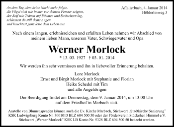 Traueranzeige von Werner Morlock von Marbacher Zeitung