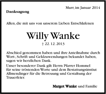 Traueranzeige von Willy Wanke von Marbacher Zeitung