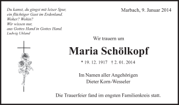 Traueranzeige von Maria Schölkopf von Marbacher Zeitung