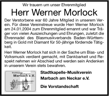 Traueranzeige von Werner Morlock von Marbacher Zeitung