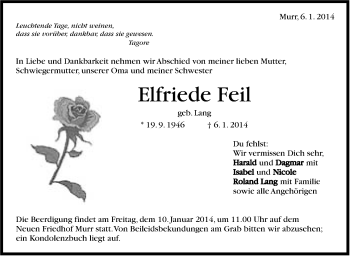 Traueranzeige von Elfriede Feil von Marbacher Zeitung