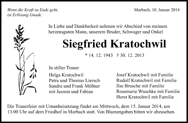  Traueranzeige für Siegfried Kratochwil vom 10.01.2014 aus Marbacher Zeitung