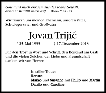 Traueranzeige von Jovan Trijic von Marbacher Zeitung
