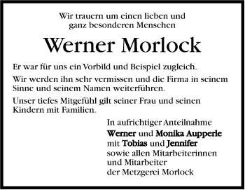 Traueranzeige von Werner Morlock von Marbacher Zeitung
