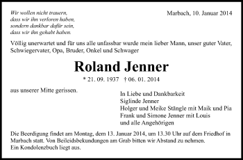Traueranzeige von Roland Jenner von Marbacher Zeitung