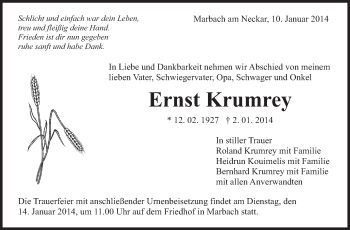 Traueranzeige von Ernst Krumrey von Marbacher Zeitung