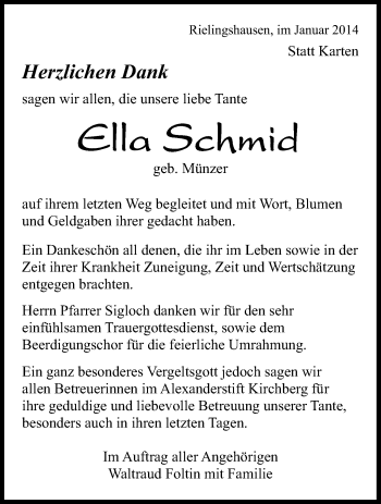 Traueranzeige von Ella Schmid von Marbacher Zeitung