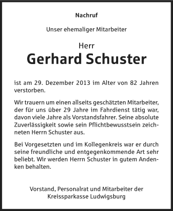 Traueranzeige von Gerhard Schuster von Marbacher Zeitung