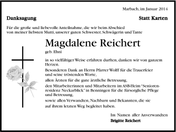 Traueranzeige von Magdalene Reichert von Marbacher Zeitung