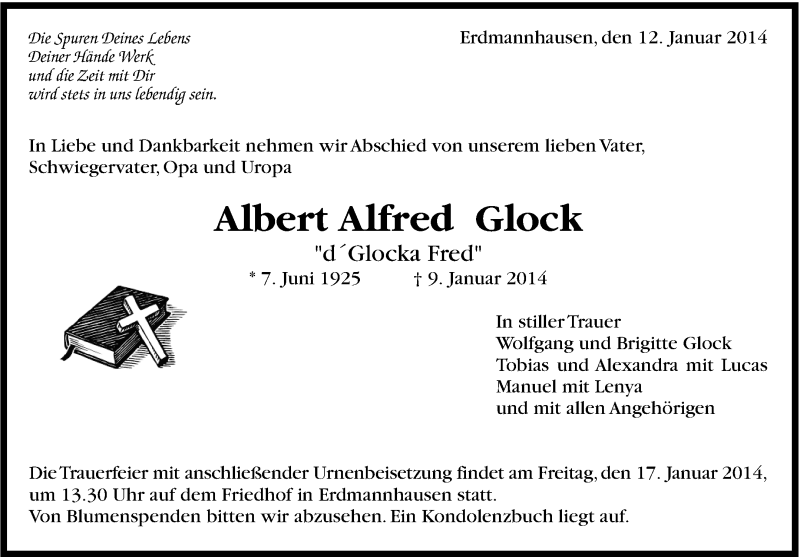  Traueranzeige für Albert Alfred Glock vom 14.01.2014 aus Marbacher Zeitung