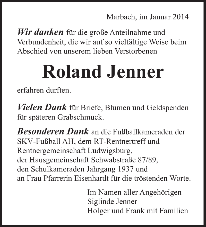  Traueranzeige für Roland Jenner vom 20.01.2014 aus Marbacher Zeitung