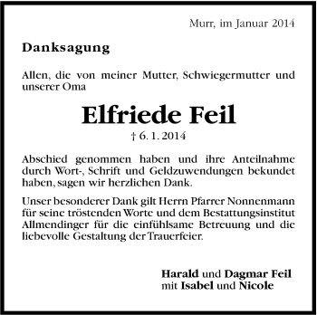 Traueranzeige von Elfriede Feil von Marbacher Zeitung